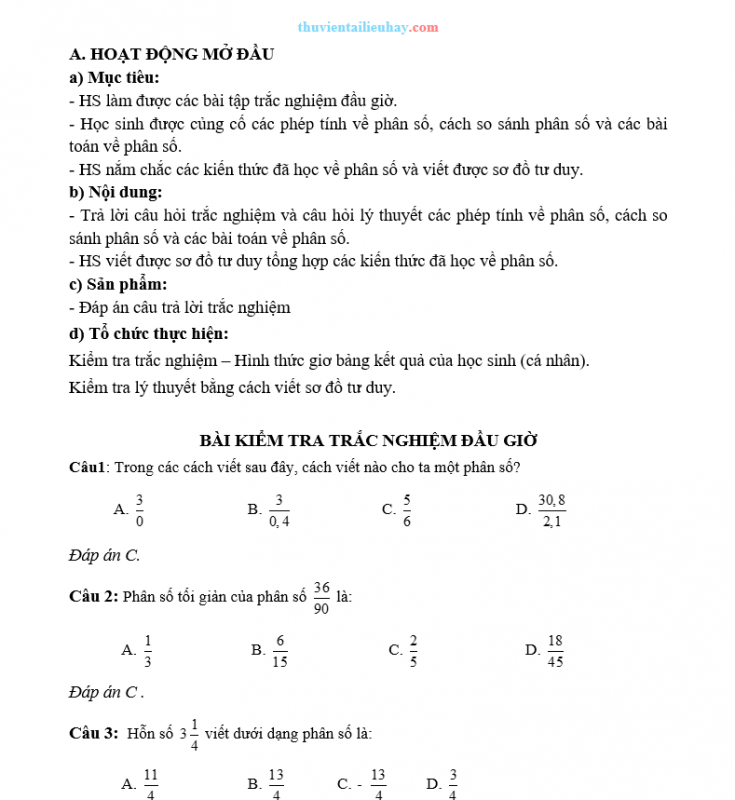 Giáo Án Dạy Thêm Toán 6 Ôn Tập Chung Về Phân Số