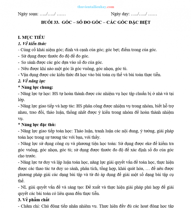 Giáo Án Dạy Thêm Toán 6 Góc Số Đo Góc Các Góc Đặc Biệt