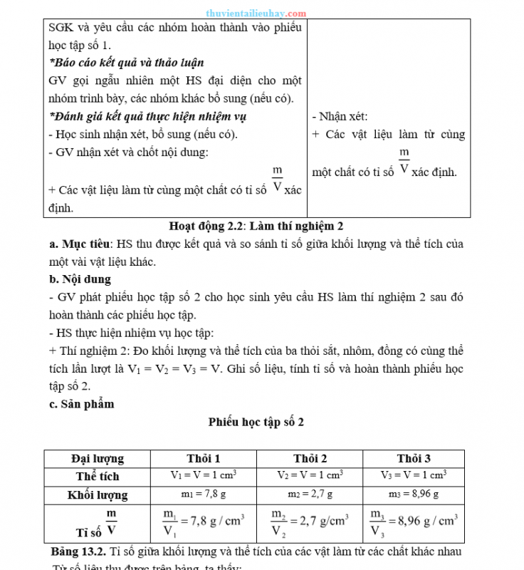 Giáo Án KHTN 8 Kết Nối Tri Thức Bài 13 Khối Lượng Riêng