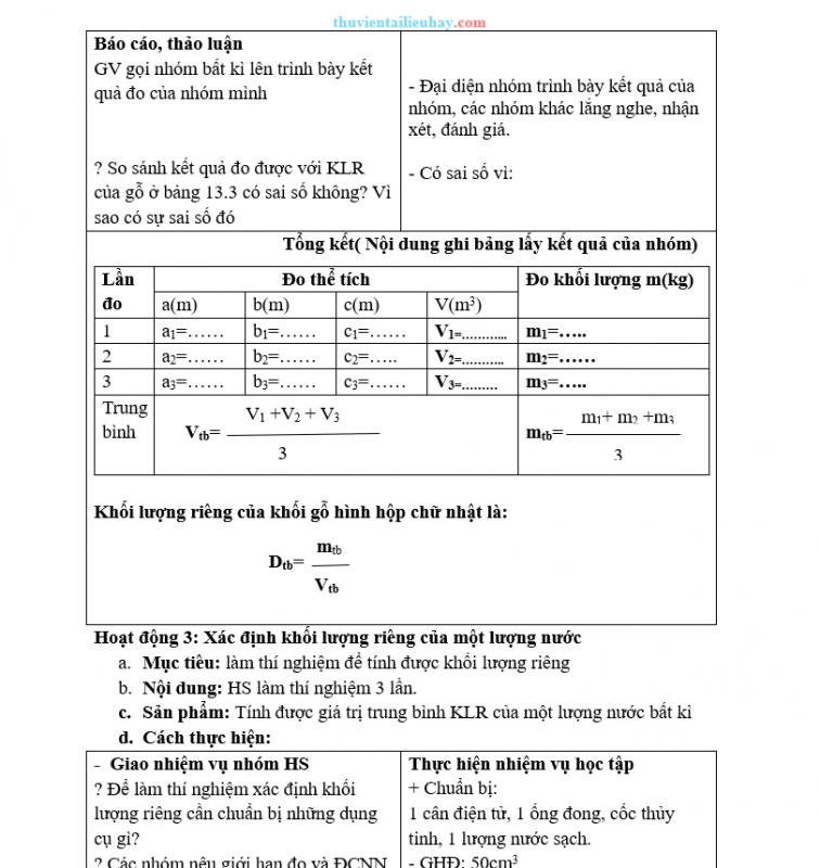 Giáo Án KHTN 8 KNTT Bài 14 Thực Hành Xác Định Khối Lượng Riêng