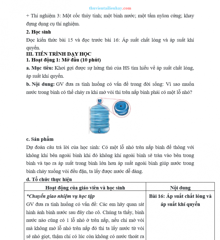 Giáo Án KHTN 8 KNTT Bài 16 Áp Suất Chất Lỏng Áp Suất Khí Quyển