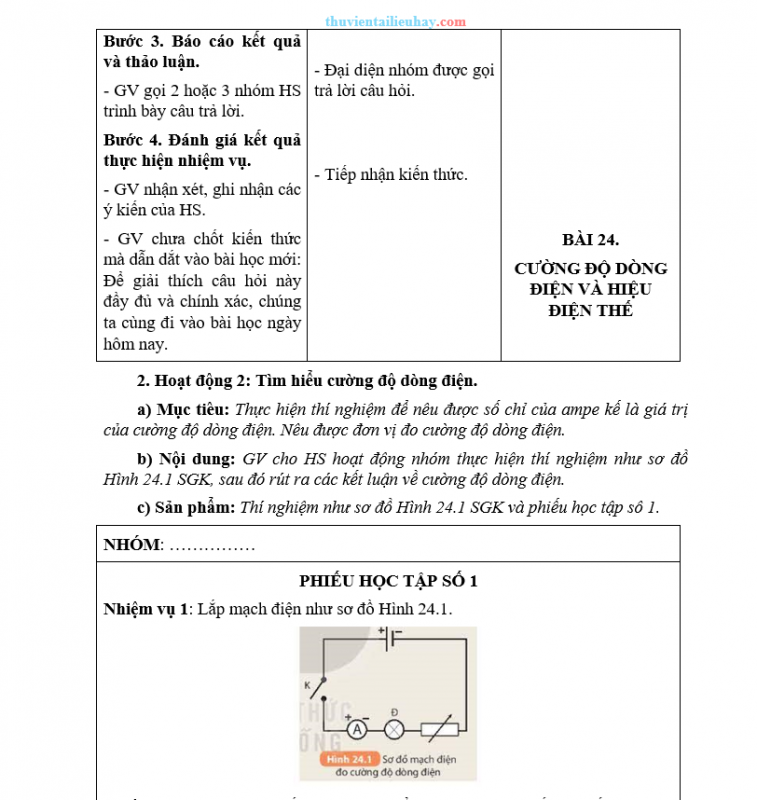 Giáo Án KHTN 8 KNTT Bài 24 Cường Độ Dòng Điện Và Hiệu Điện Thế