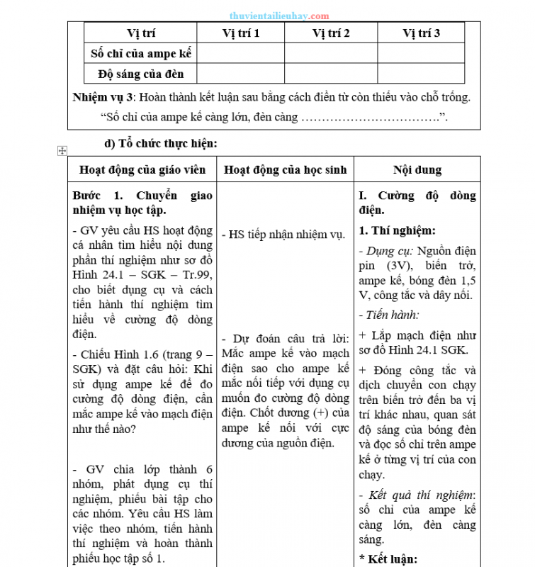 Giáo Án KHTN 8 KNTT Bài 24 Cường Độ Dòng Điện Và Hiệu Điện Thế