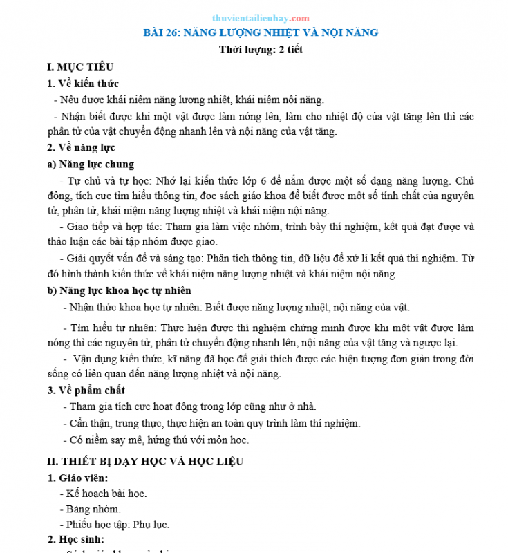 Giáo Án KHTN 8 KNTT Bài 26 Năng Lượng Nhiệt Và Nội Năng