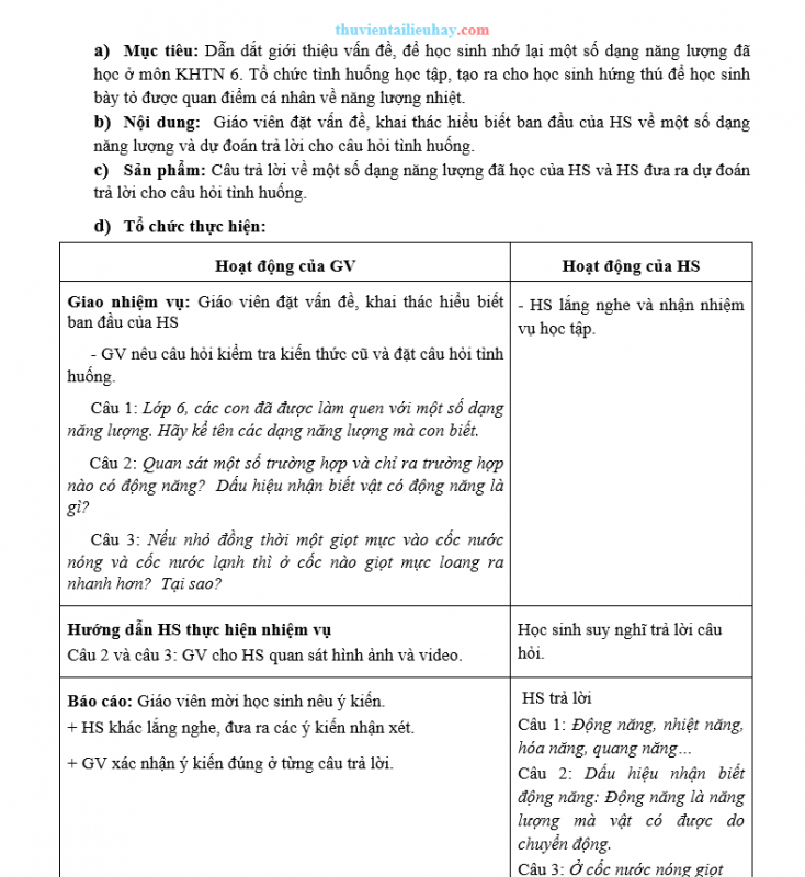 Giáo Án KHTN 8 KNTT Bài 26 Năng Lượng Nhiệt Và Nội Năng