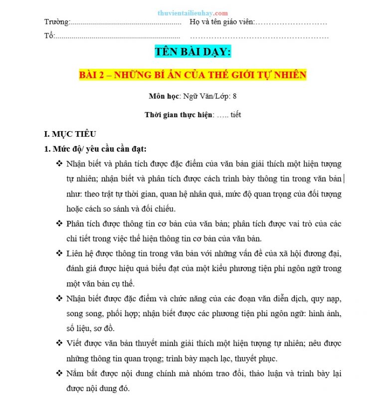 Giáo Án Ngữ Văn 8 CTST Bài 2 Những Bí Ẩn Của Thế Giới Tự Nhiên