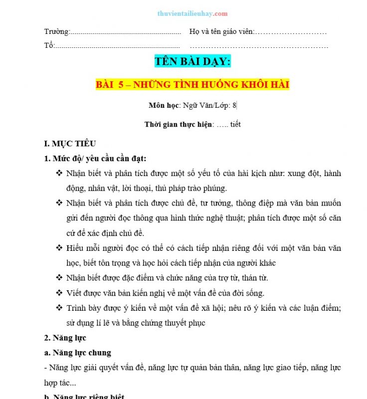 Giáo Án Ngữ Văn 8 CTST Bài 5 Những Tình Huống Khôi Hài