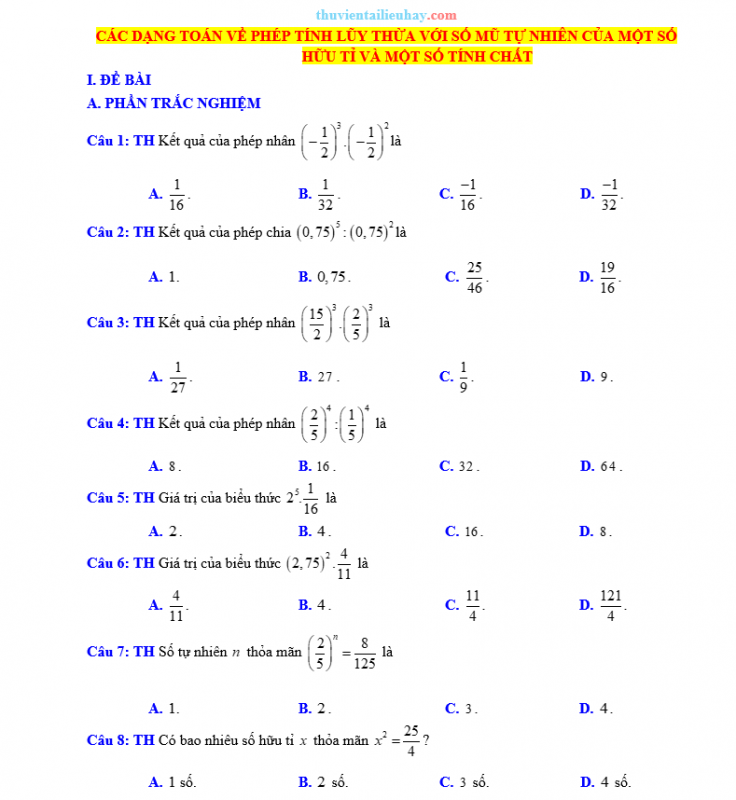 Các Dạng Toán Về Phép Tính Lũy Thừa Với Số Mũ Tự Nhiên Của Một Số Hữu Tỉ Lớp 7