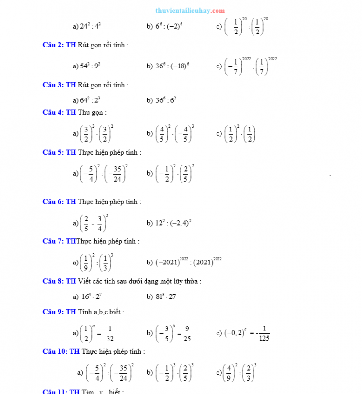 Các Dạng Toán Về Phép Tính Lũy Thừa Với Số Mũ Tự Nhiên Của Một Số Hữu Tỉ Lớp 7