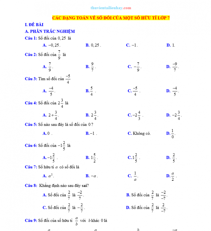 Các Dạng Toán Về Số Đối Của Một Số Hữu Tỉ Lớp 7 Có Lời Giải Chi Tiết