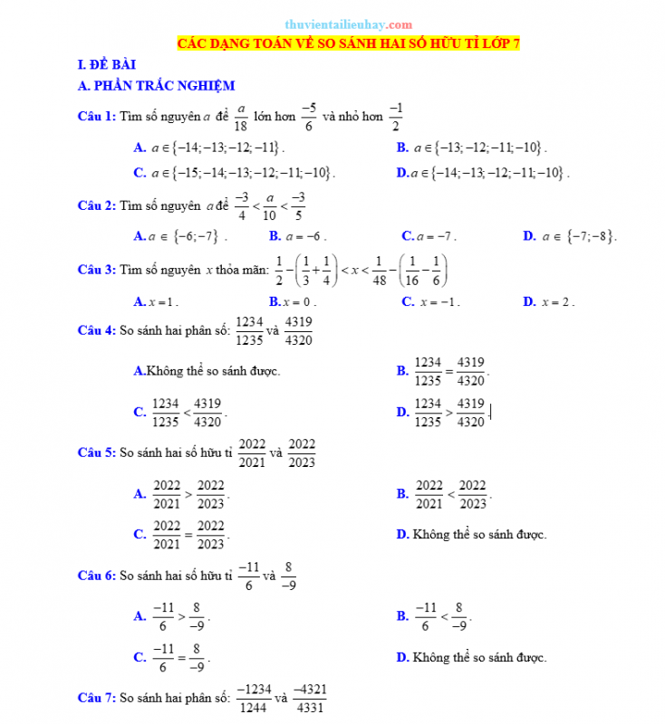 Các Dạng Toán Về So Sánh Hai Số Hữu Tỉ Lớp 7 Có Đáp Án Chi Tiết