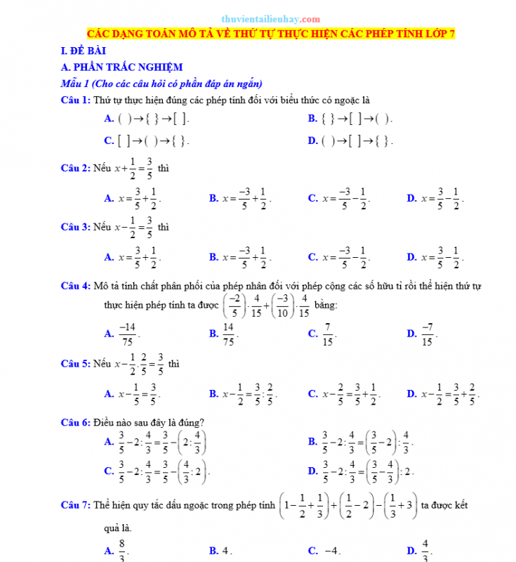 Các Dạng Toán Mô Tả Thứ Tự Thực Hiện Các Phép Tính Lớp 7 Có Đáp Án Chi Tiết