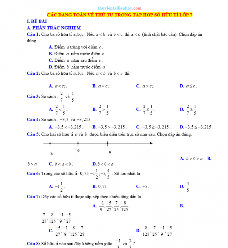 Các Dạng Toán Về Thứ Tự Trong Tập Hợp Số Hữu Tỉ Lớp 7 Có Đáp Án Chi Tiết