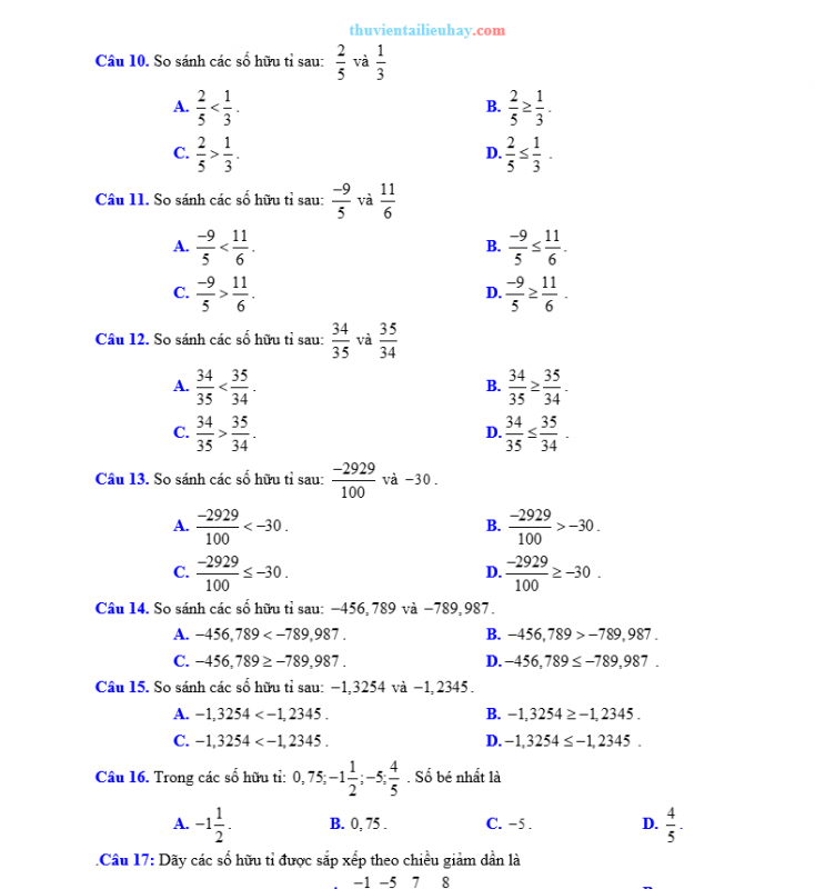 Các Dạng Toán Về Thứ Tự Trong Tập Hợp Số Hữu Tỉ Lớp 7 Có Đáp Án Chi Tiết