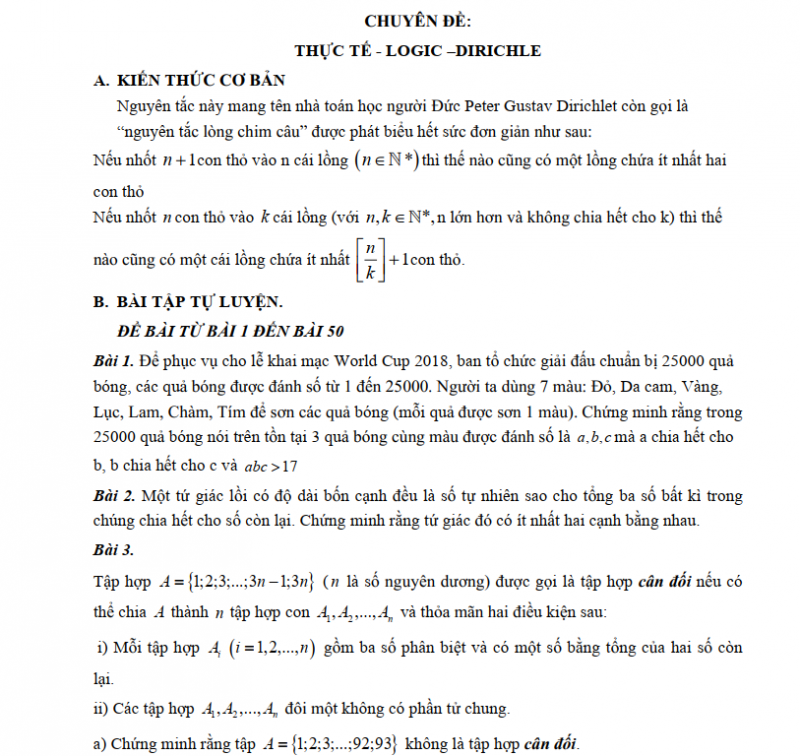 Chuyên Đề Các Bài Toán Thực Tế - Logic - Dirichle Trong Đề Thi HSG