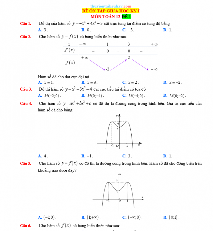 10 Đề Thi Giữa Học Kỳ 1 Môn Toán Lơp 12 Năm 2023-2024
