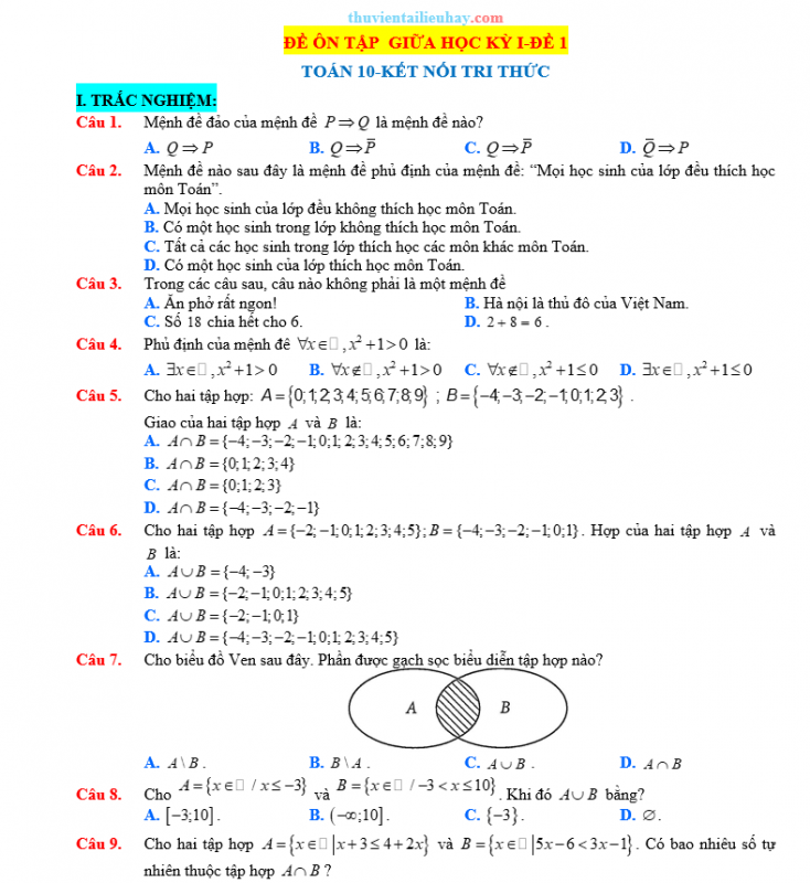 10 Đề Thi Giữa Học Kỳ 1 Môn Toán Lớp 10 Kết Nối Tri Thức
