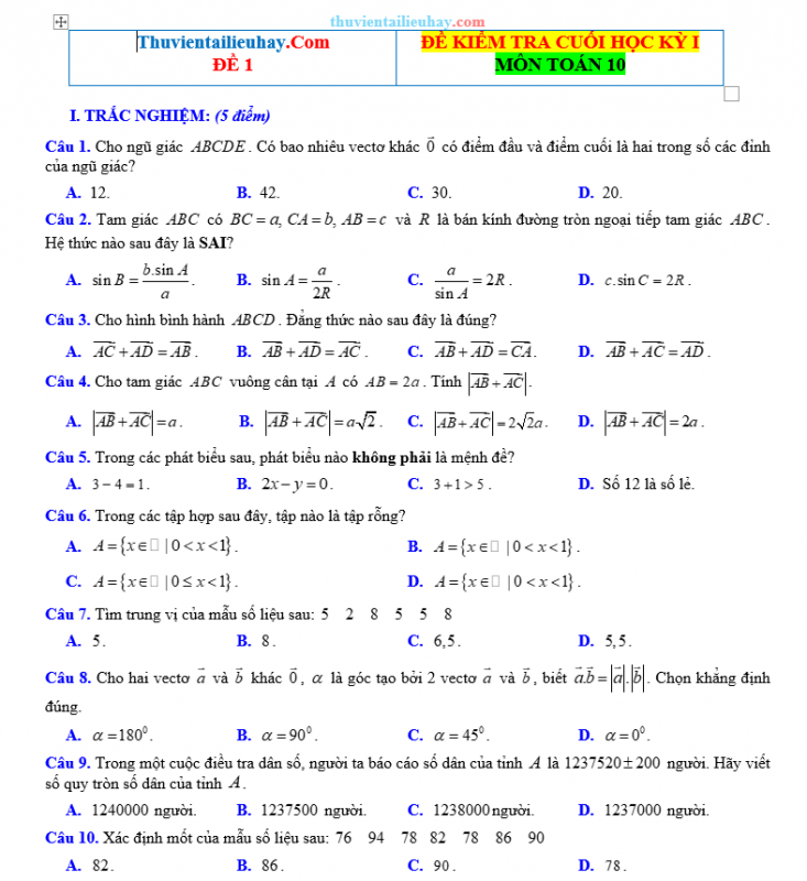 10 Đề Kiểm Tra Cuối Học Kỳ 1 Môn Toán 10 Kết Nối Tri Thức