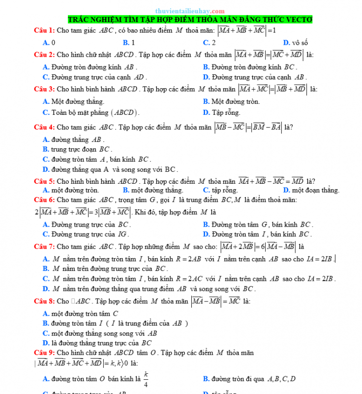 25 Câu Trắc Nghiệm Toán 10: Tìm Tập Hợp Điểm Thỏa Mãn Đẳng Thức Vectơ