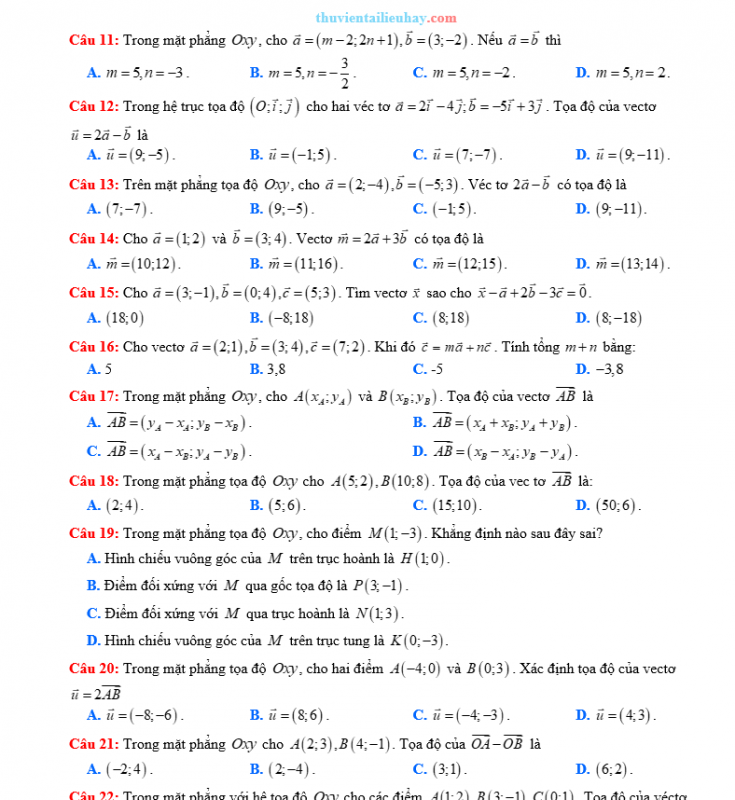 70 Câu Trắc Nghiệm Toán Lớp 10: Vectơ Trong Mặt Phẳng Tọa Độ