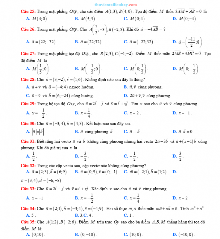 70 Câu Trắc Nghiệm Toán Lớp 10: Vectơ Trong Mặt Phẳng Tọa Độ