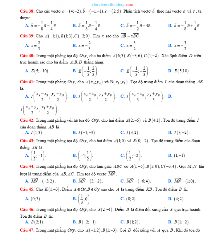 70 Câu Trắc Nghiệm Toán Lớp 10: Vectơ Trong Mặt Phẳng Tọa Độ