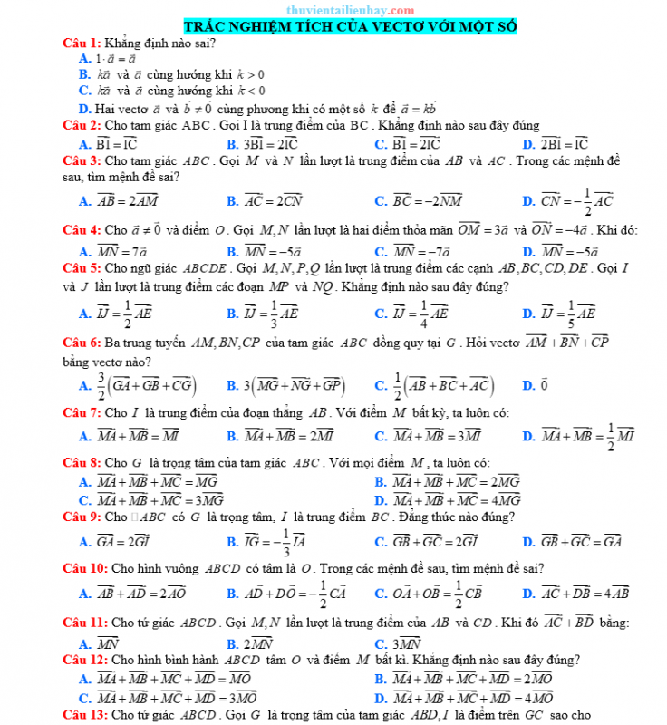 70 Câu Trắc Nghiệm Toán 10: Bài Tích Của Một VecTơ Với Một Số