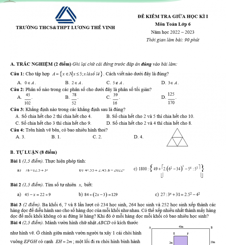 Bộ Đề Thi Giữa Kì 1 Môn Toán Lớp 6 Năm 2022-2023