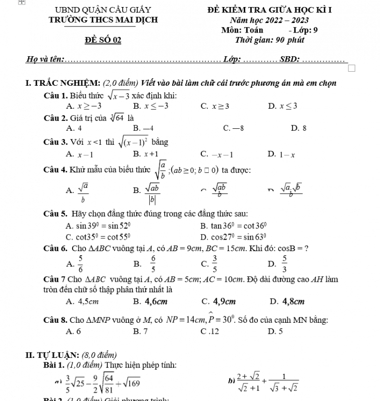 Bộ Đề Thi Giữa Kì 1 Môn Toán Lớp 9 Năm 2022-2023