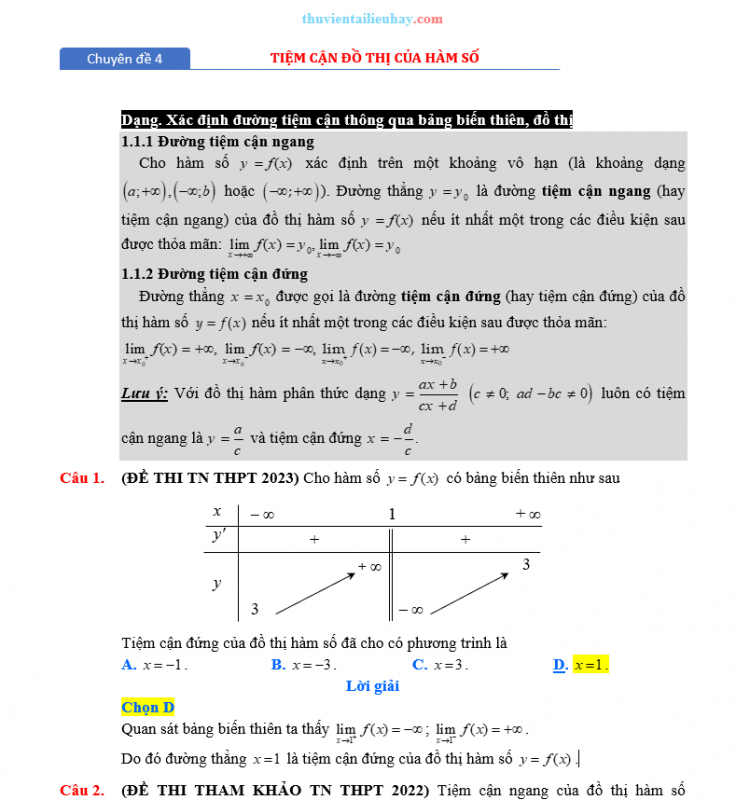Chuyên Đề Toán Lớp 12: Tiệm Cận Của Đồ Thị Hàm Số