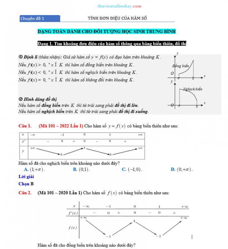 Chuyên Đề Toán Lớp 12: Tính Đơn Điệu Của Hàm Số