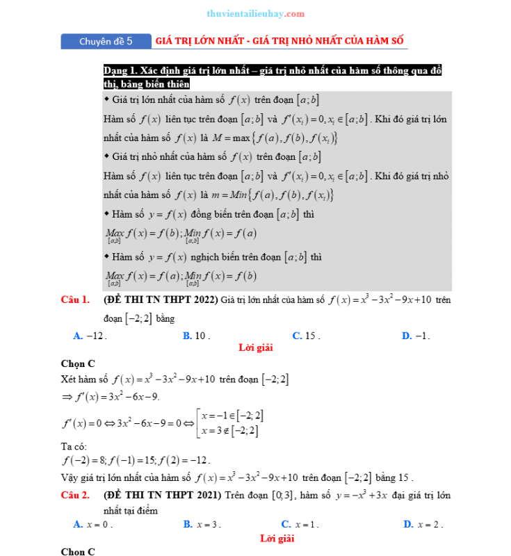 Chuyên Đề Toán Lớp 12: Giá Trị Lớn Nhất Và Nhỏ Nhất Của Hàm Số