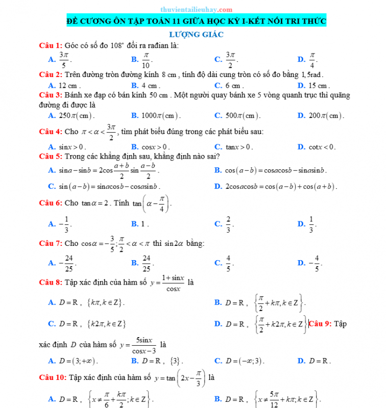 Đề Cương Ôn Thi Toán Lớp 11 Giữa Học Kỳ 1 KNTT