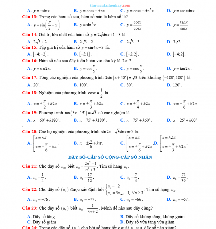 Đề Cương Ôn Thi Toán Lớp 11 Giữa Học Kỳ 1 KNTT