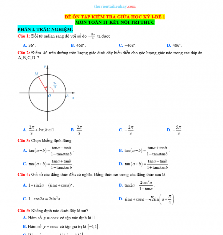 Đề Kiểm Tra Giữa HK 1 Môn Toán Lớp 11 KNTT Đề 1