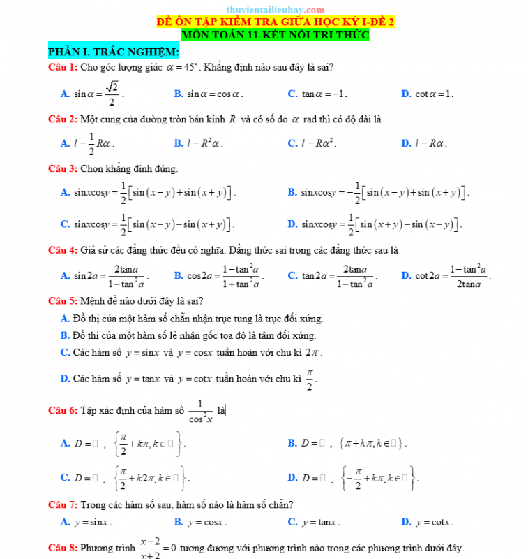 Đề Kiểm Tra Giữa HK 1 Môn Toán Lớp 11 KNTT Đề 2