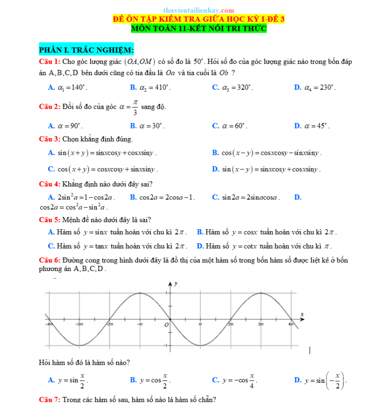 Đề Kiểm Tra Giữa HK 1 Môn Toán Lớp 11 KNTT Đề 3