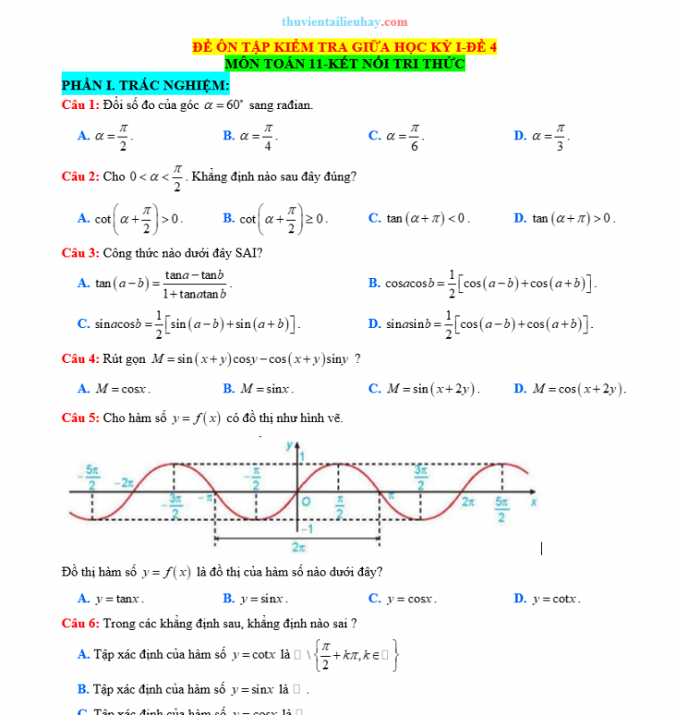 Đề Kiểm Tra Giữa HK 1 Môn Toán Lớp 11 KNTT Đề 4