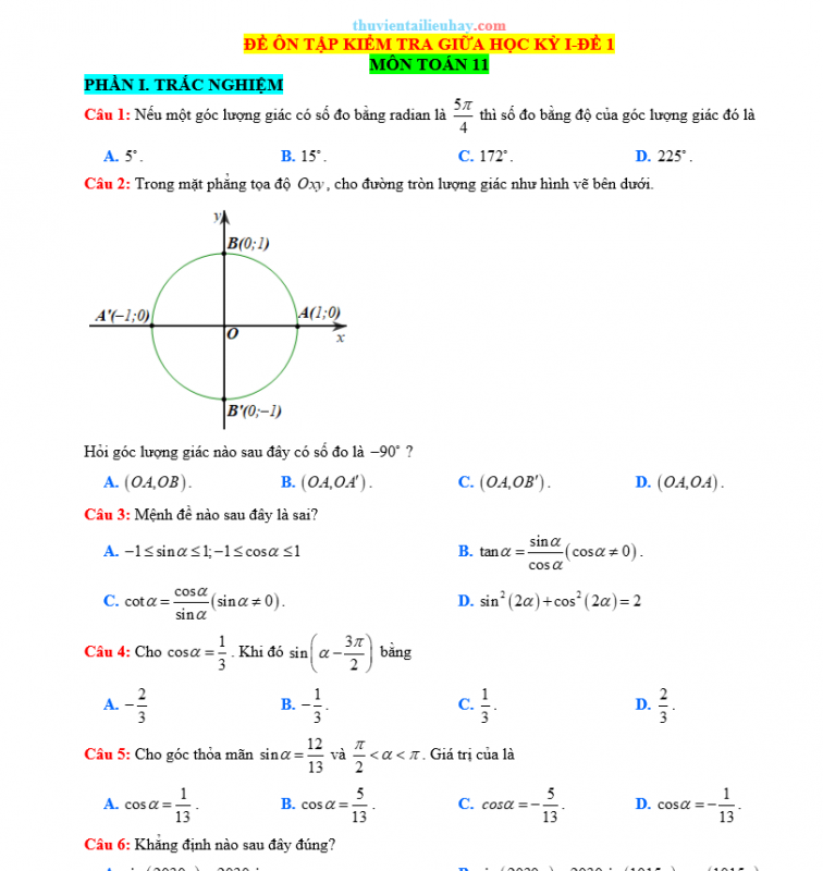 Đề Kiểm Tra Giữa HK 1 Môn Toán Lớp 11 Sách Cánh Diều Đề 1