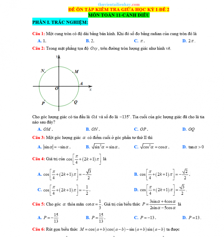 Đề Kiểm Tra Giữa HK 1 Môn Toán Lớp 11 Sách Cánh Diều Đề 2