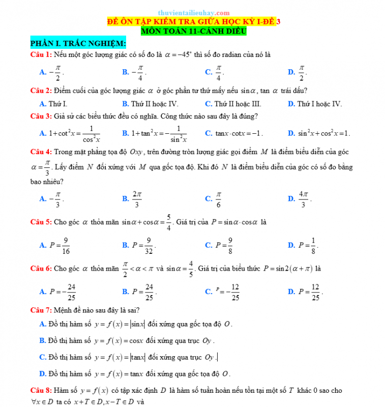 Đề Kiểm Tra Giữa HK 1 Môn Toán Lớp 11 Sách Cánh Diều Đề 3