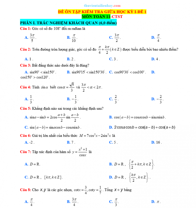 Đề Kiểm Tra Giữa HK 1 Môn Toán Lớp 11 CTST Đề 1