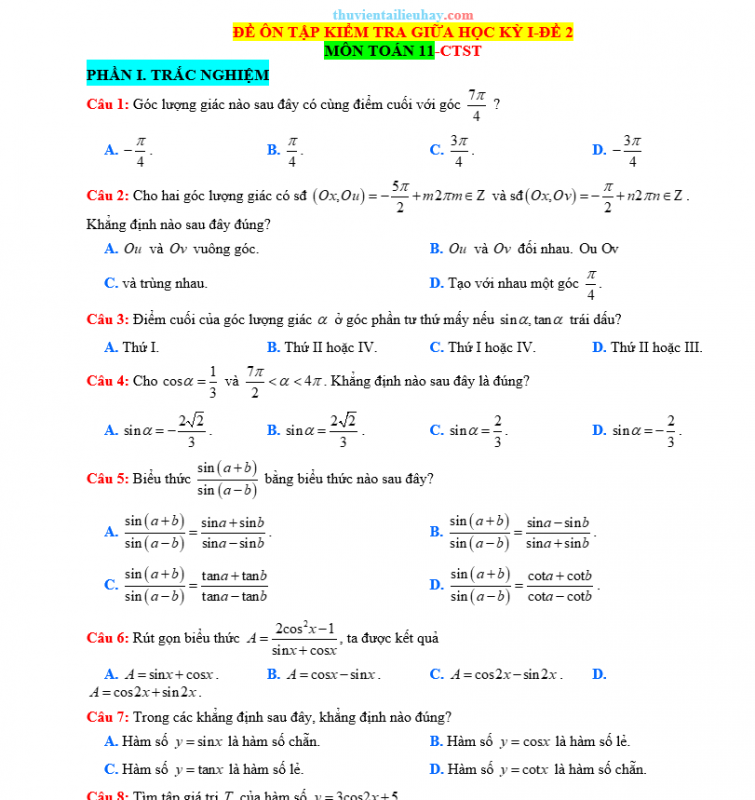 Đề Kiểm Tra Giữa HK 1 Môn Toán Lớp 11 CTST Đề 2