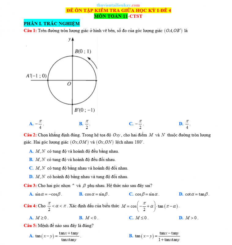 Đề Kiểm Tra Giữa HK 1 Môn Toán Lớp 11 CTST Đề 4