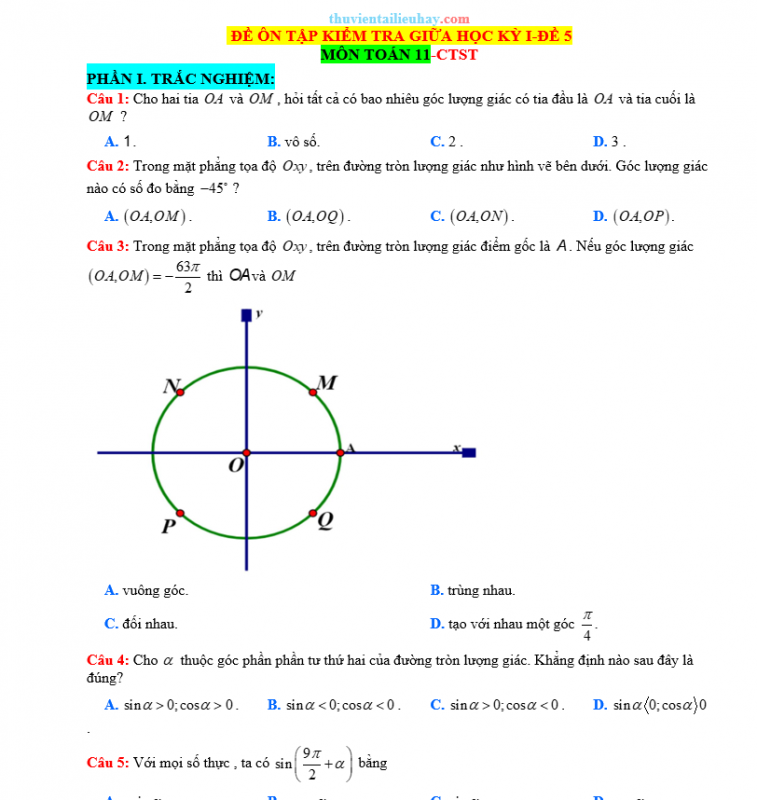 Đề Kiểm Tra Giữa HK 1 Môn Toán Lớp 11 CTST Đề 5
