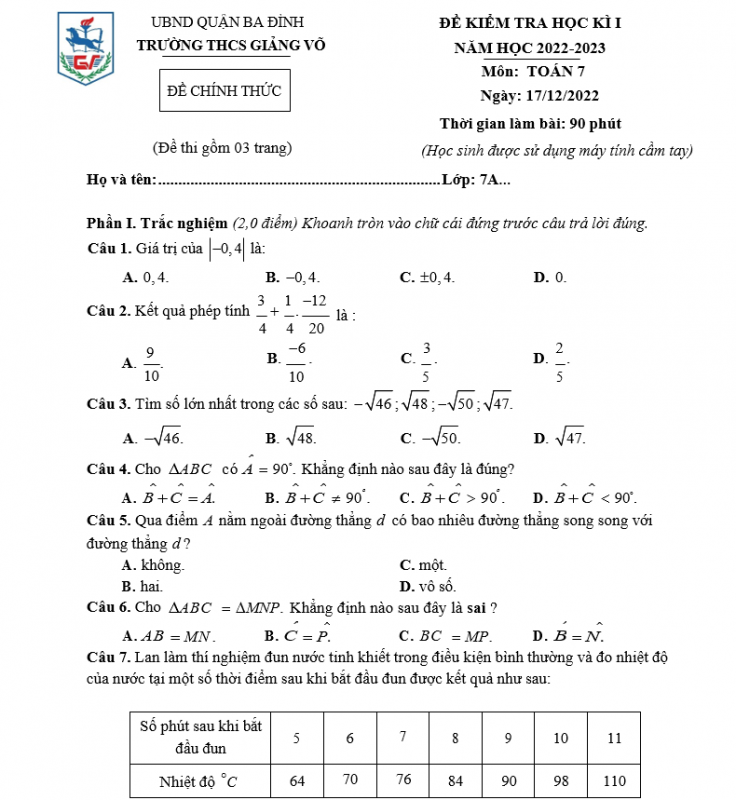 Đề Thi Học Kỳ 1 Môn Toán Lớp 7 Chương Trình Mới