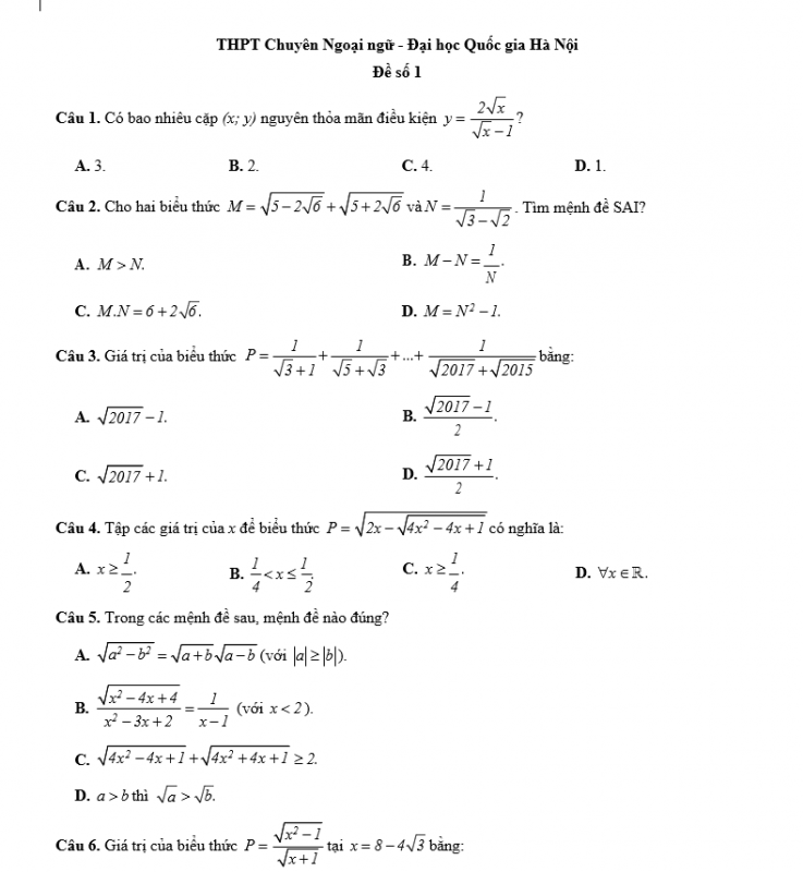 Đề Thi Thử Vào Lớp 10 Môn Toán Chuyên Ngoại Ngữ