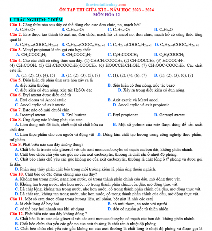 100 Câu Trắc Nghiệm Ôn Tập Giữa Học Kỳ 1 Môn Hóa Lớp 12 Năm 2023-2024