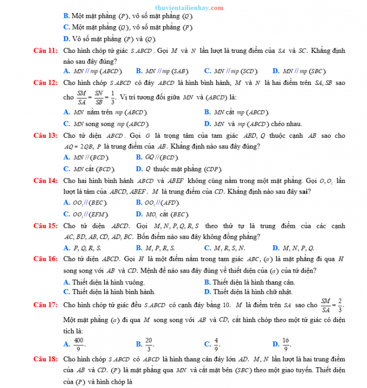 20 Câu Trắc Nghiệm Toán 11: Đường Thẳng Song Song Với Mặt Phẳng