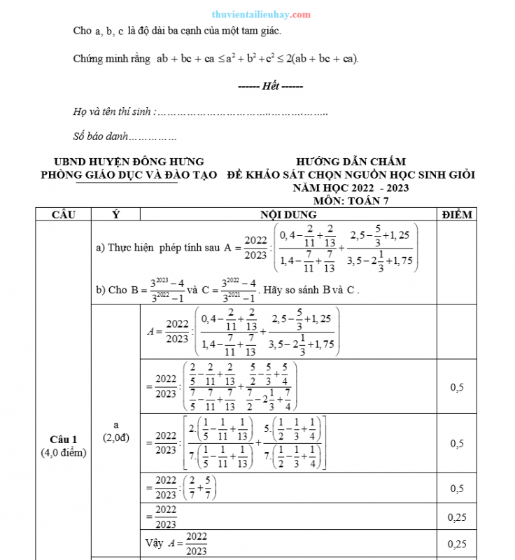 20 Đề Thi HSG Môn Toán 7 Cấp Huyện Năm 2023-2024